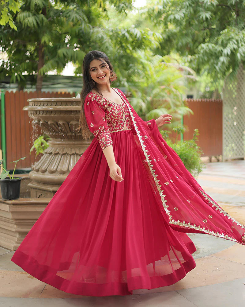 Womenline Rani Pink Color Faux Blooming Multi Embroidered Work Gown
