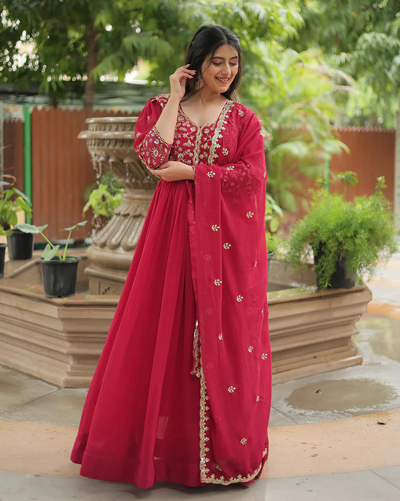 Womenline Rani Pink Color Faux Blooming Multi Embroidered Work Gown