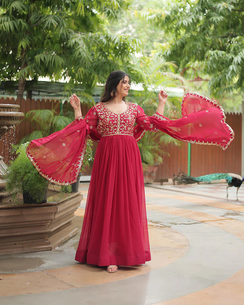 Womenline Rani Pink Color Faux Blooming Multi Embroidered Work Gown