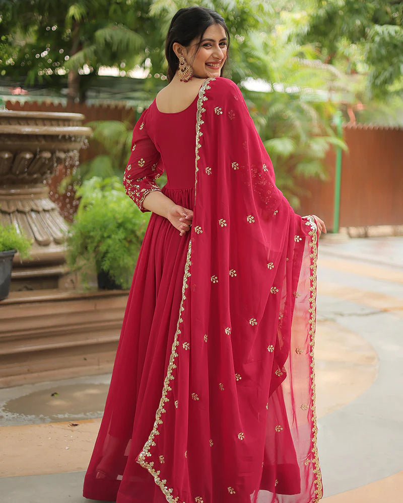 Womenline Rani Pink Color Faux Blooming Multi Embroidered Work Gown
