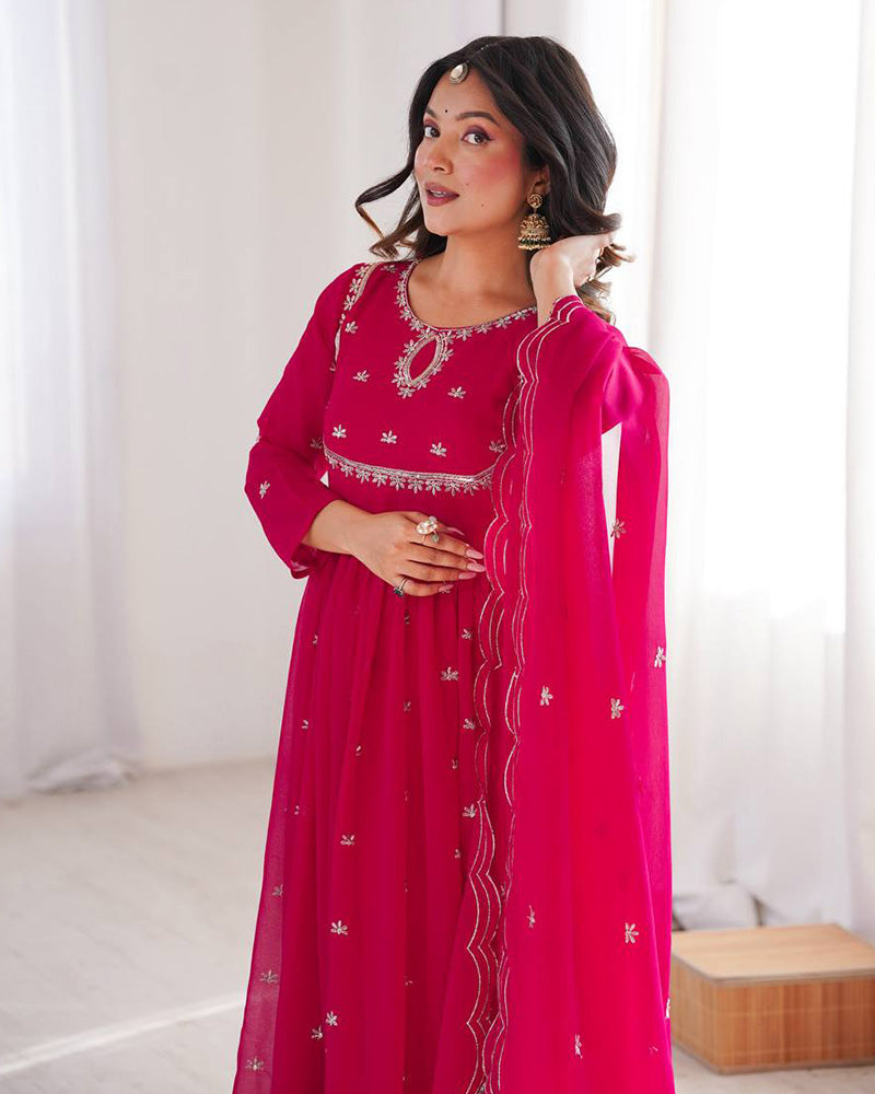 Womenline Rani Pink Color Soft Georgette Embroidered Anarkali Suit