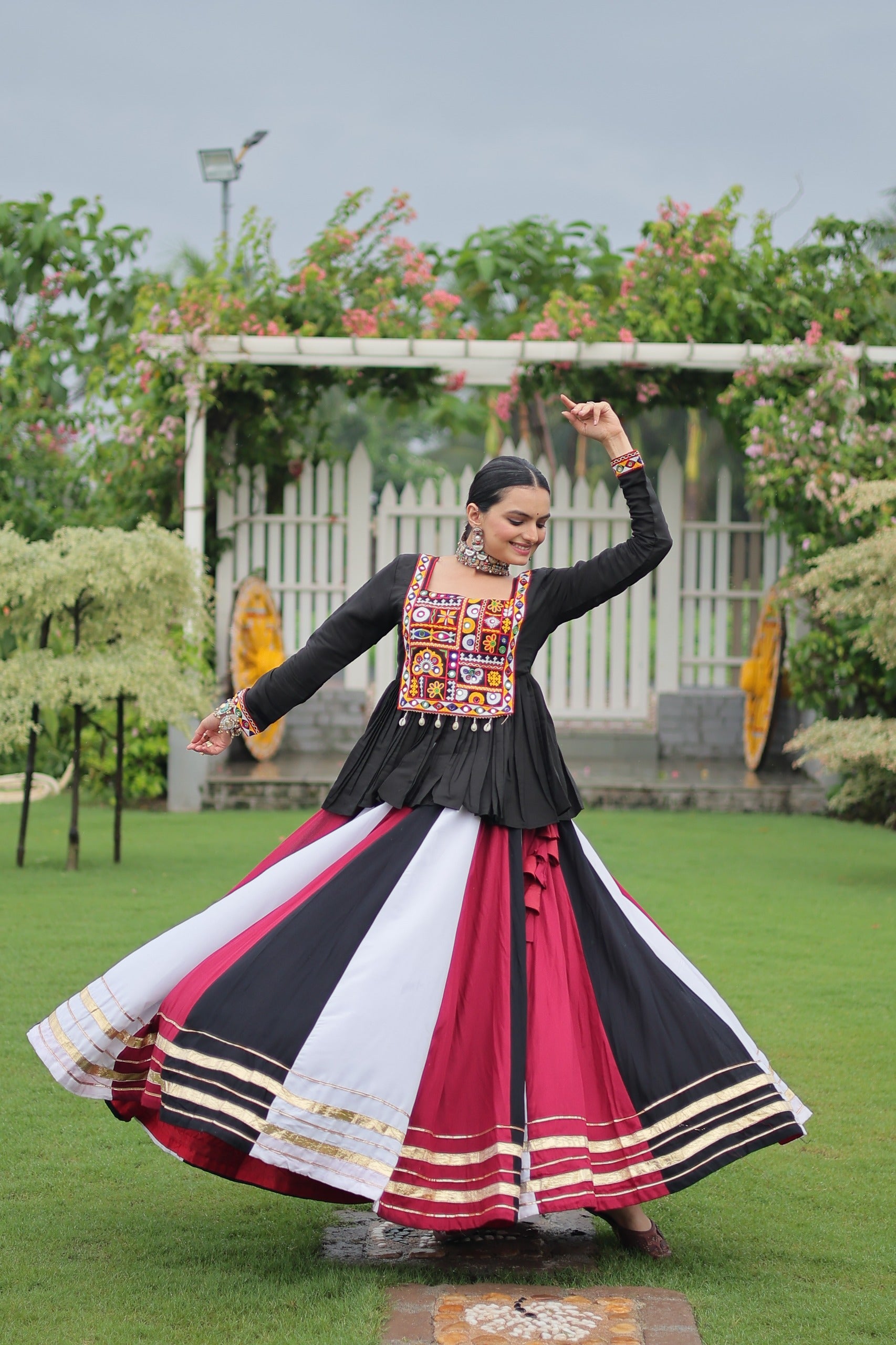 Womenline Red Black Color Pure Cotton Navratri Lehenga Choli