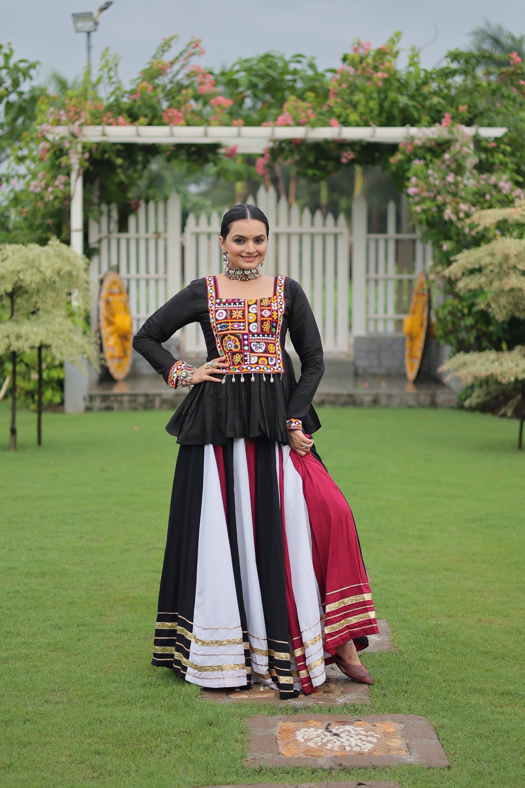 Womenline Red Black Color Pure Cotton Navratri Lehenga Choli
