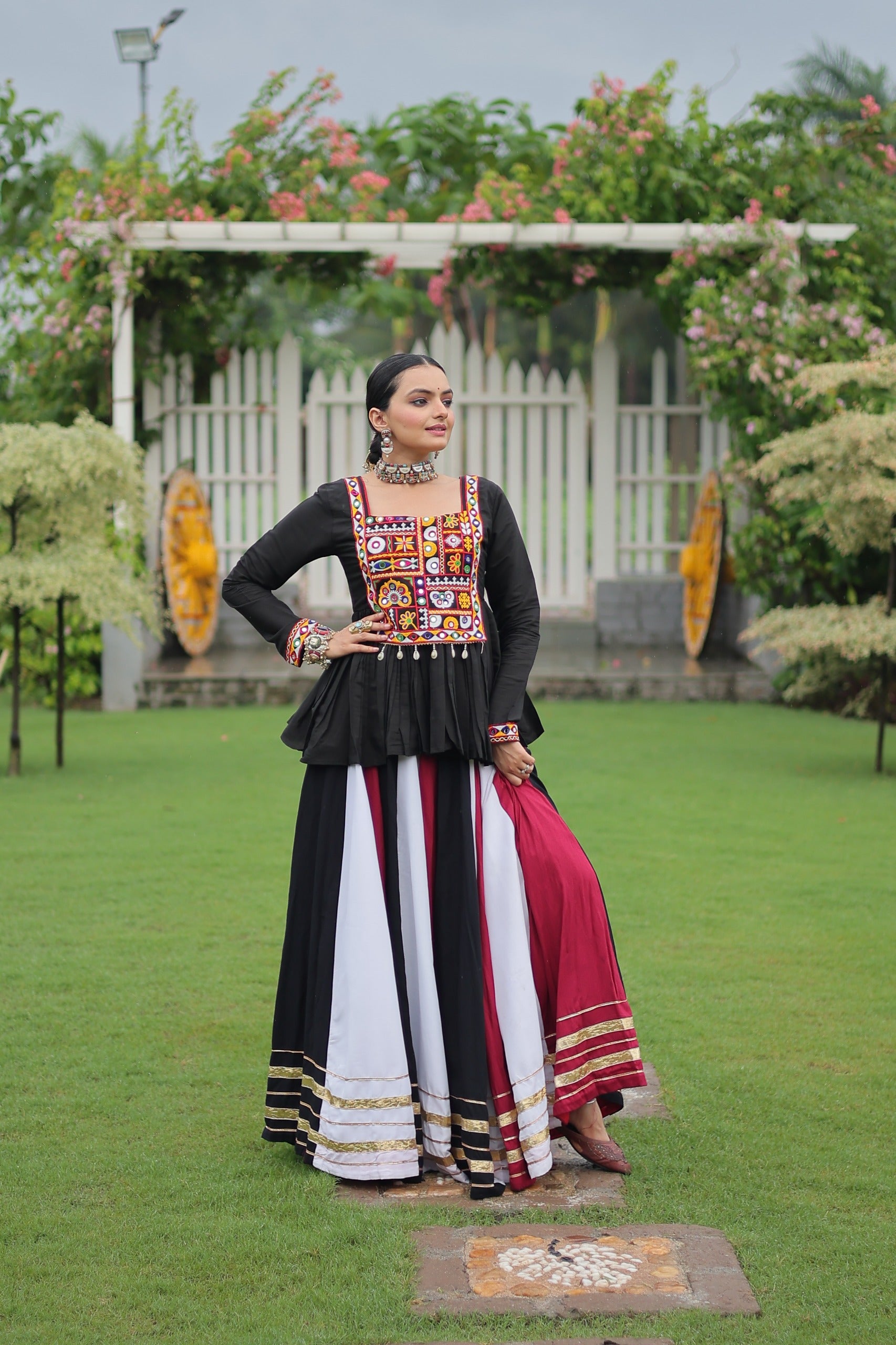Womenline Red Black Color Pure Cotton Navratri Lehenga Choli