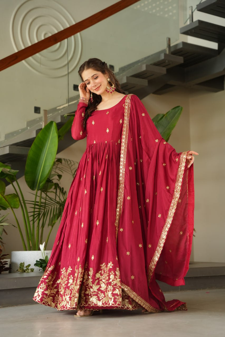 Womenline Red Color Chinnon with Embroidery Zari Sequins-work
