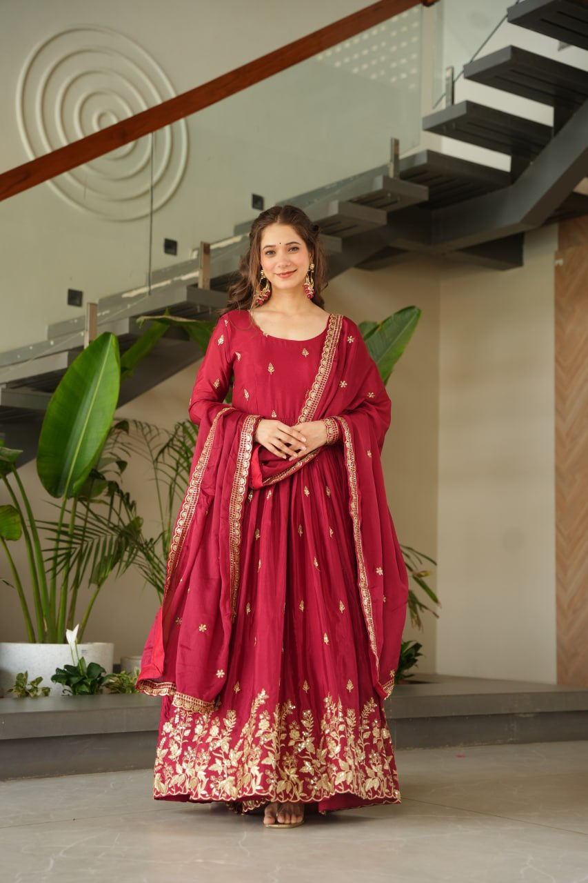 Womenline Red Color Chinnon with Embroidery Zari Sequins-work