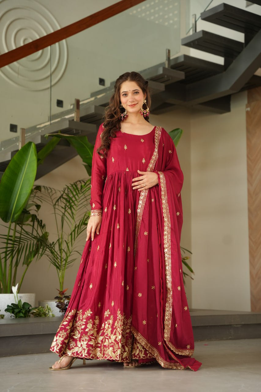 Womenline Red Color Chinnon with Embroidery Zari Sequins-work