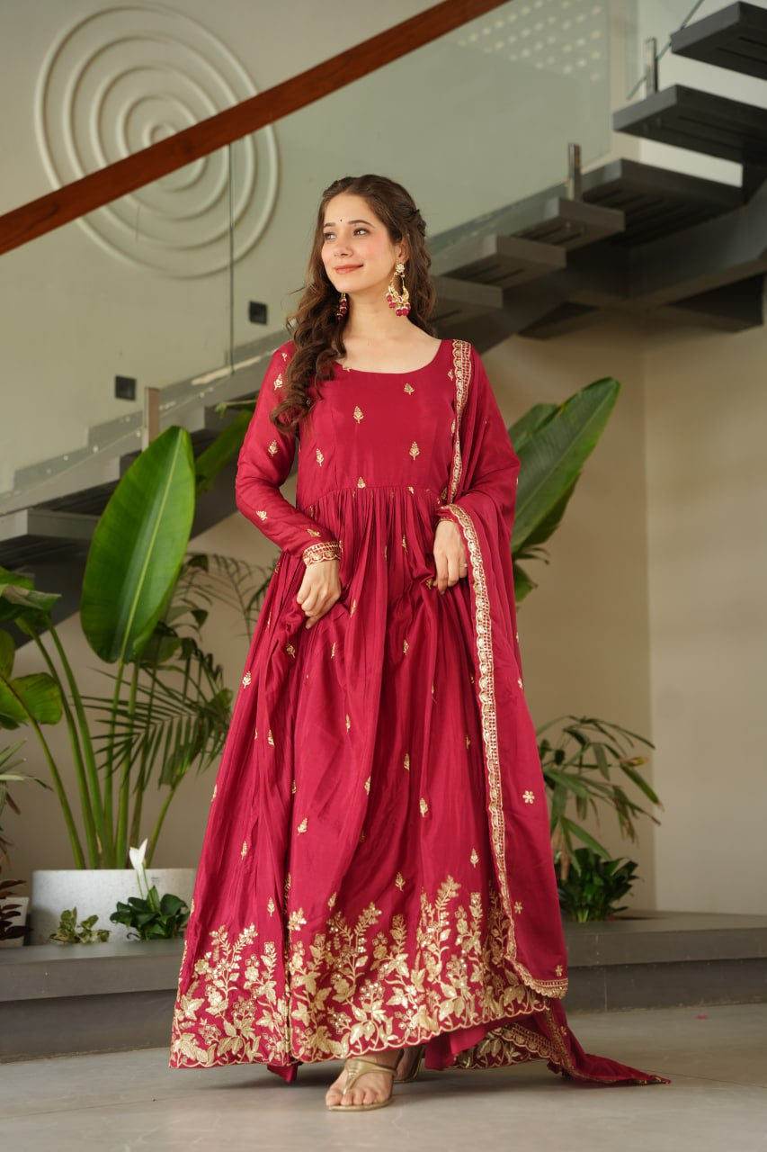 Womenline Red Color Chinnon with Embroidery Zari Sequins-work