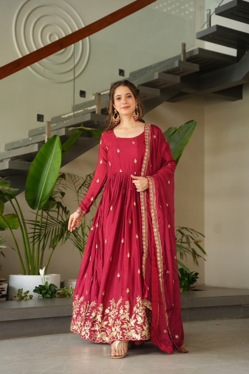 Womenline Red Color Chinnon with Embroidery Zari Sequins-work