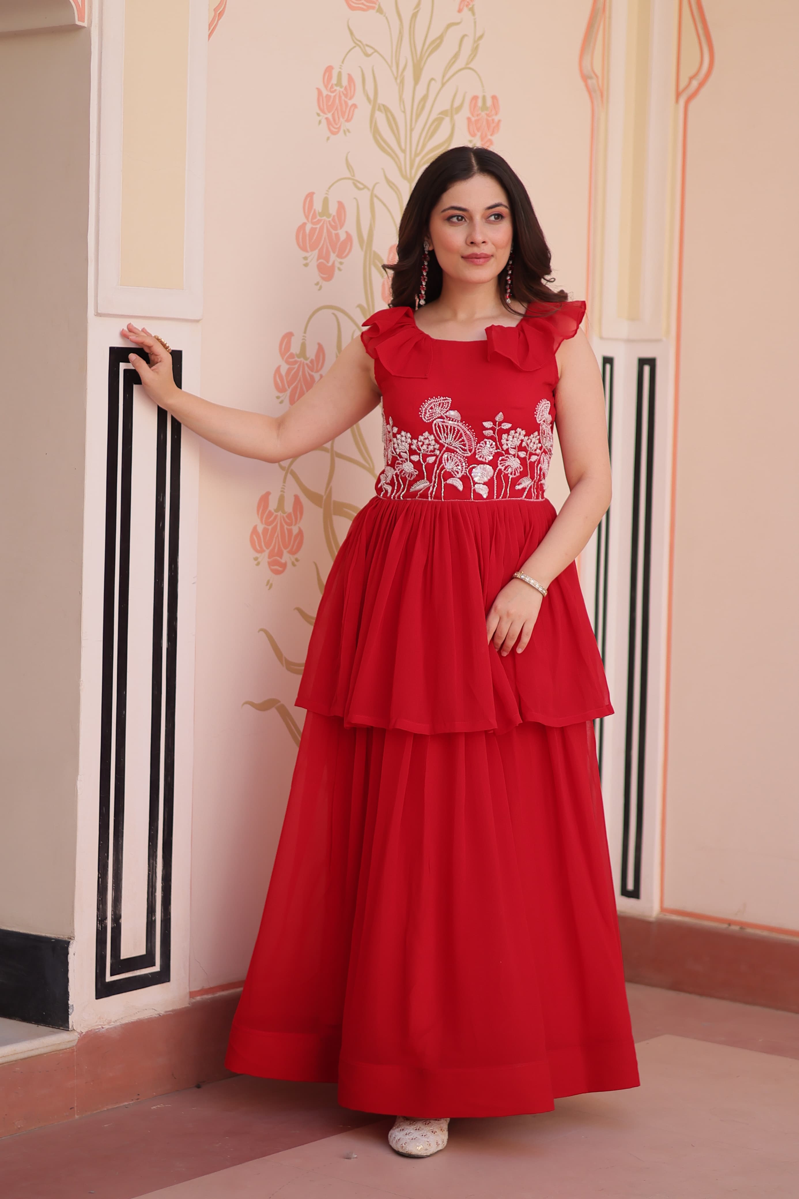 Womenline Red Color Faux Blooming Gown