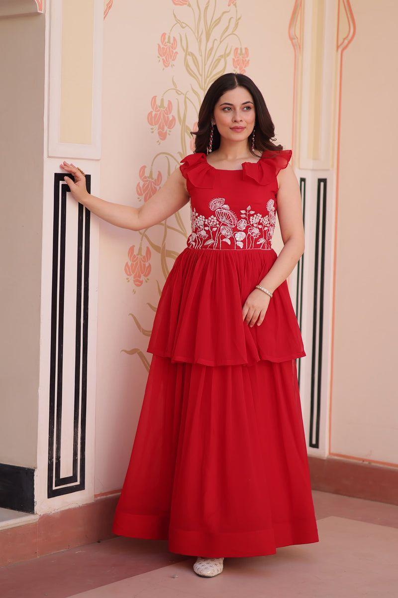 Womenline Red Color Faux Blooming Gown