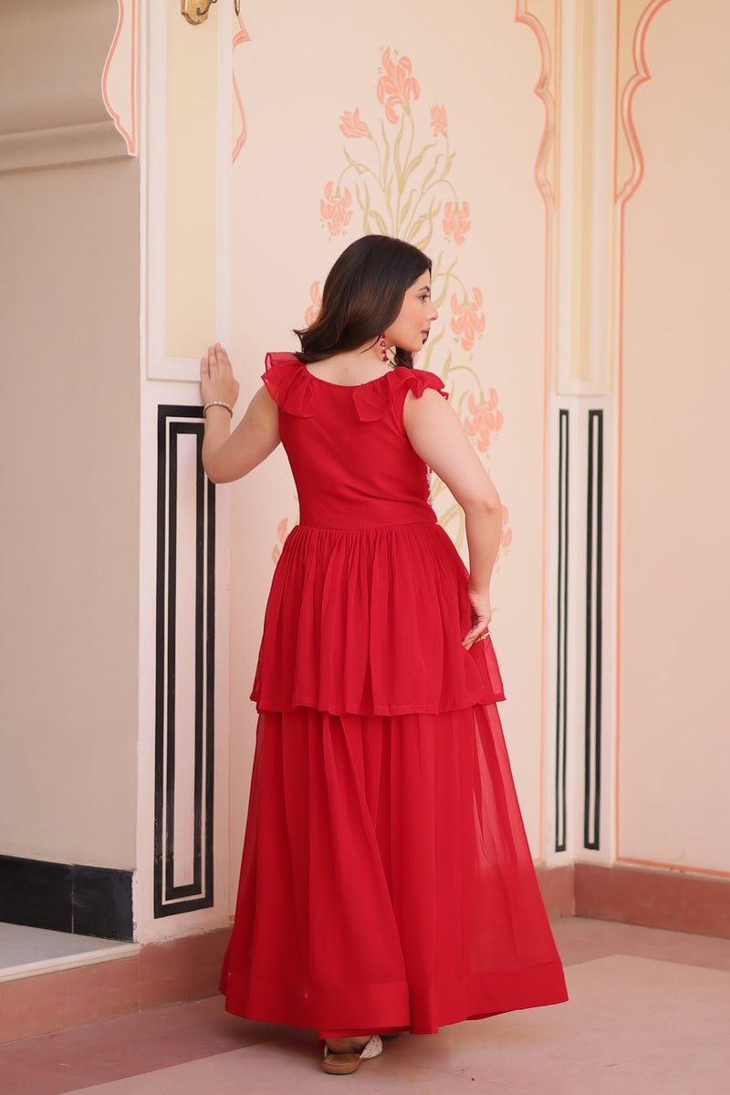 Womenline Red Color Faux Blooming Gown