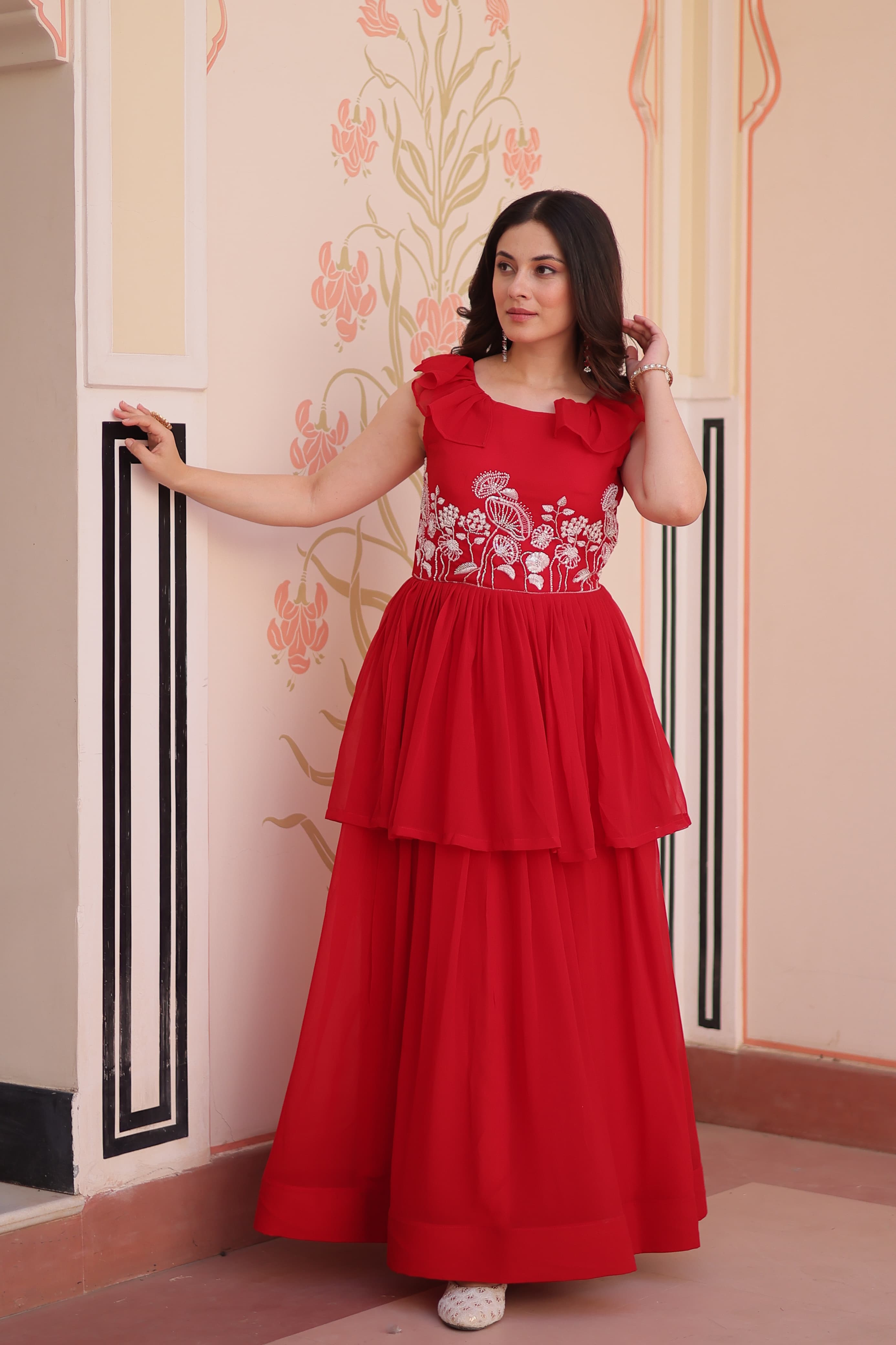 Womenline Red Color Faux Blooming Gown