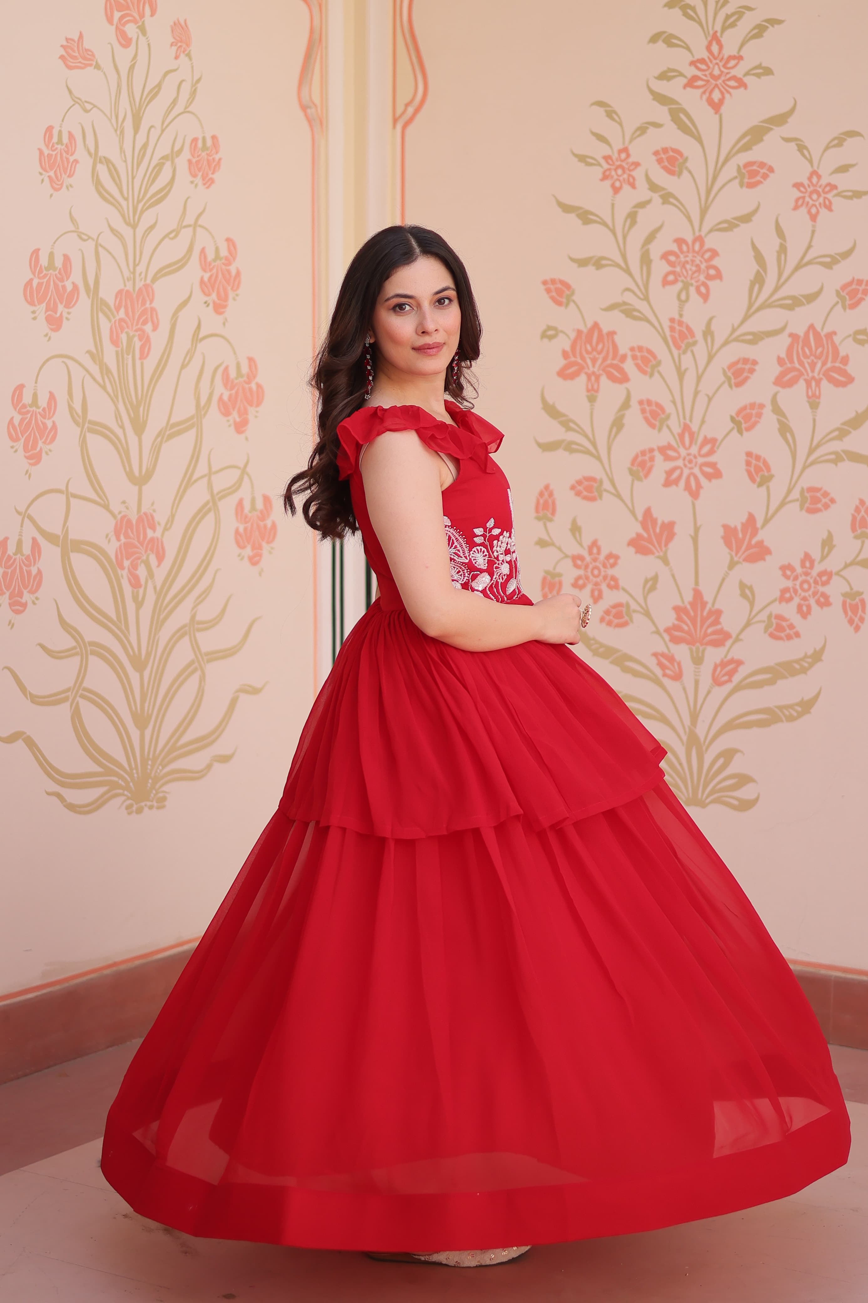 Womenline Red Color Faux Blooming Gown