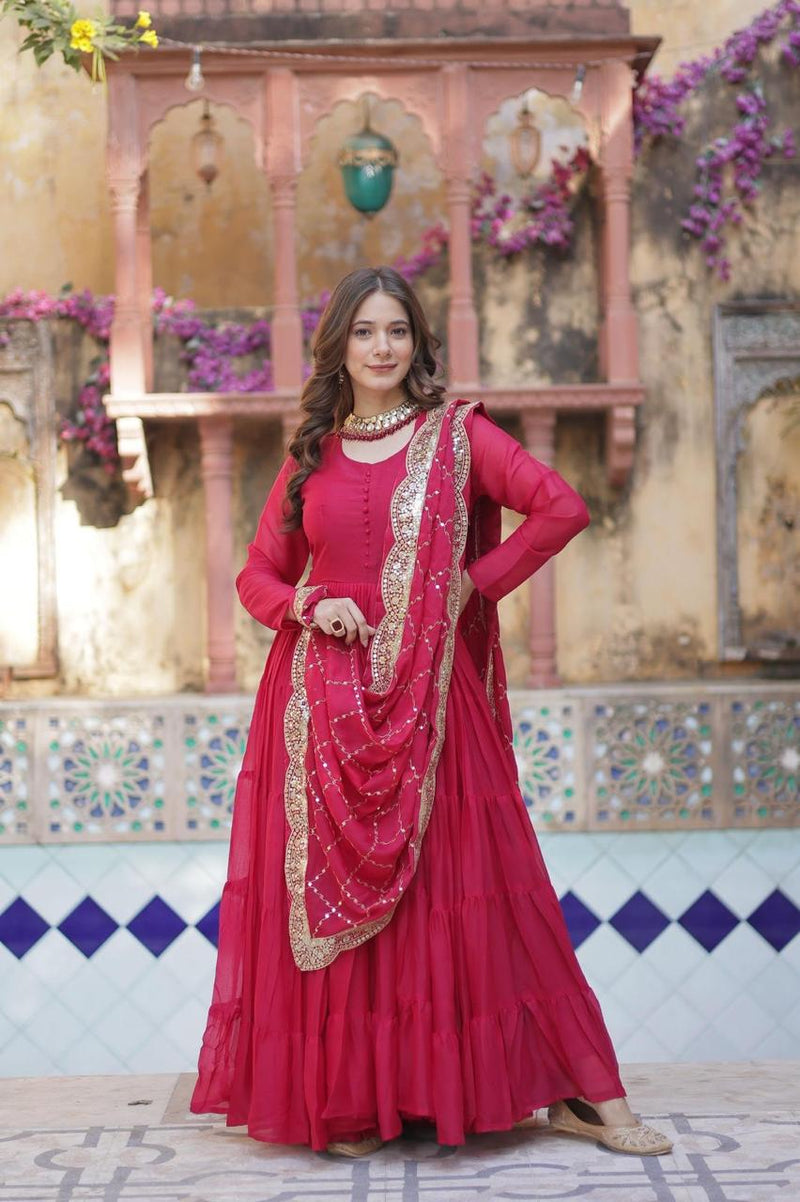 Womenline Red Color Fully Flair Gown