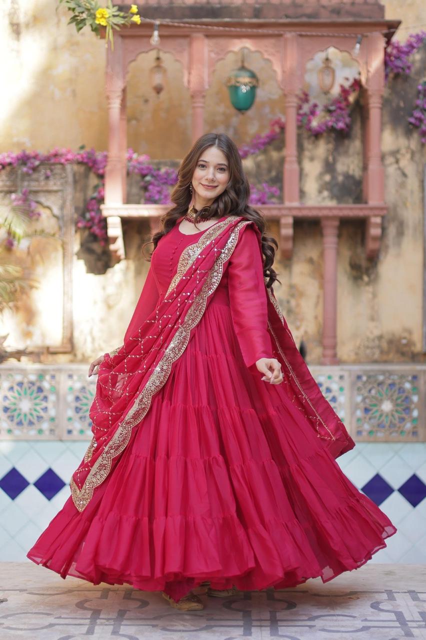 Womenline Red Color Fully Flair Gown