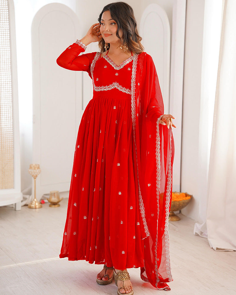 Womenline Red Color Georgette Sequence Embroidered Anarkali Suit