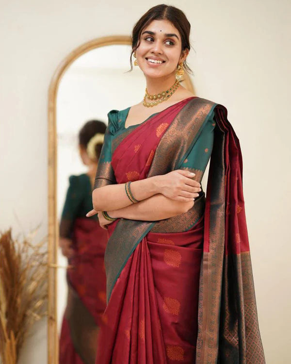 Womenline Red Color Jacquard Print Banarasi Soft Silk Saree