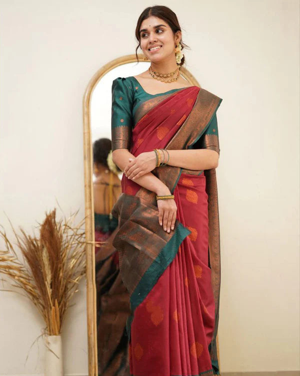 Womenline Red Color Jacquard Print Banarasi Soft Silk Saree