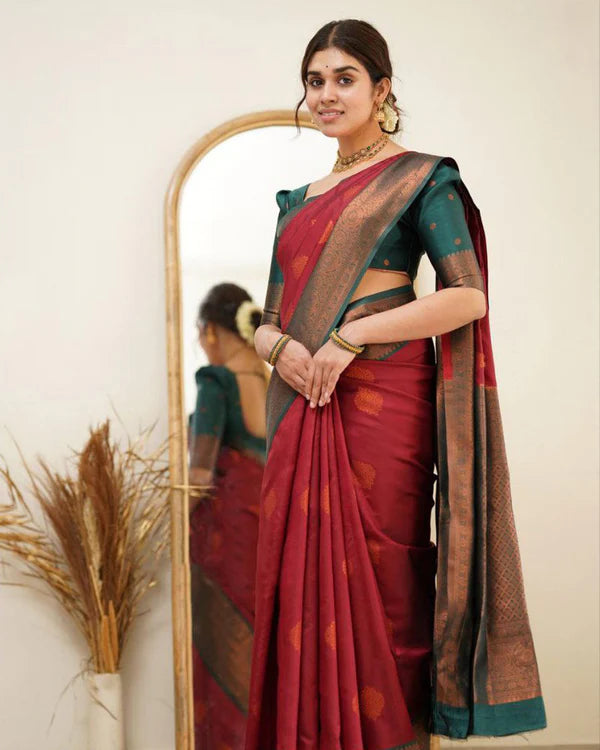 Womenline Red Color Jacquard Print Banarasi Soft Silk Saree