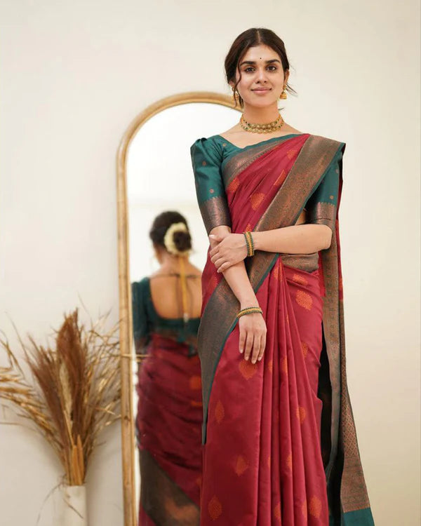 Womenline Red Color Jacquard Print Banarasi Soft Silk Saree