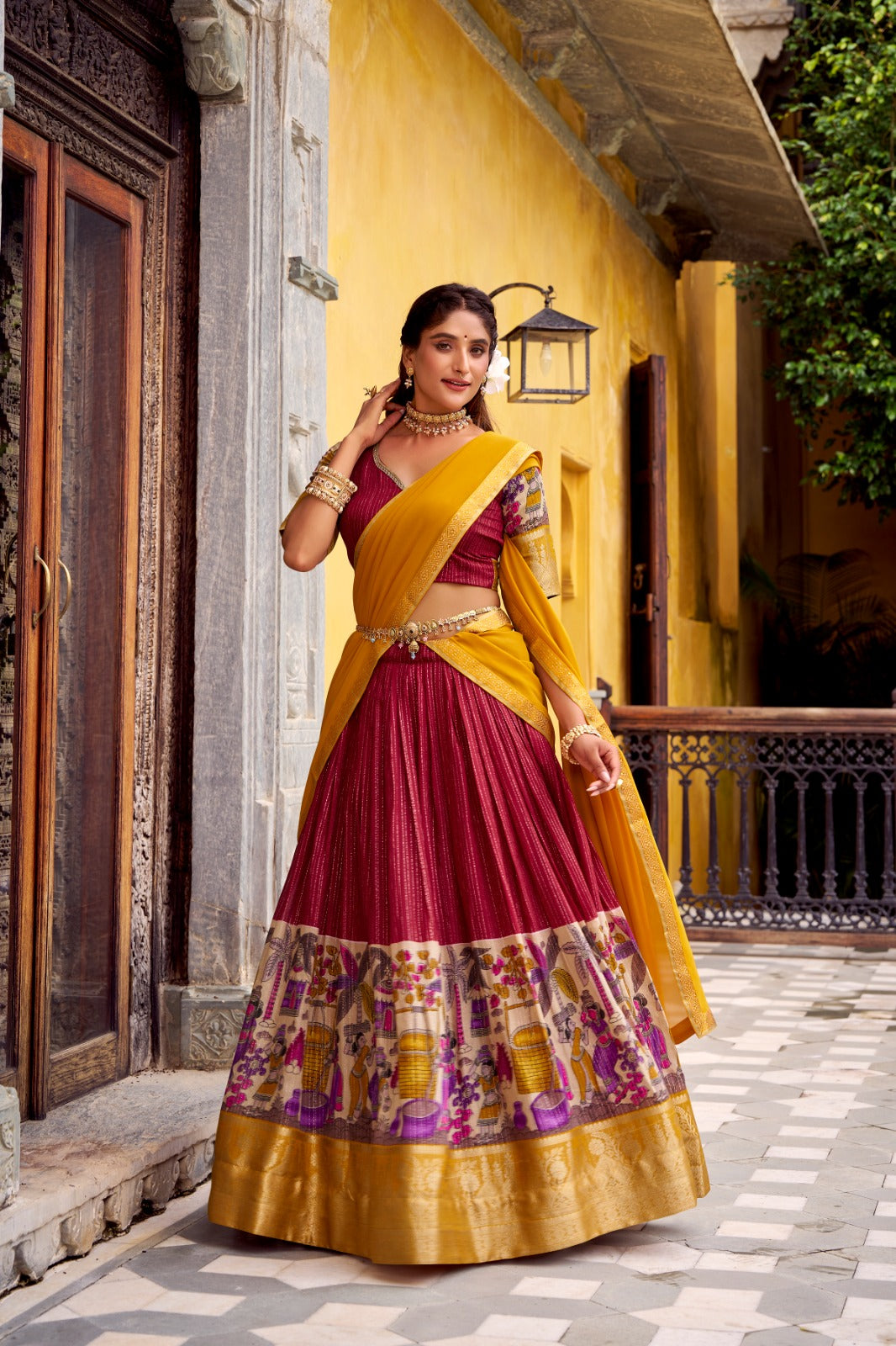 Womenline Red Color Poly Chanderi Half Saree