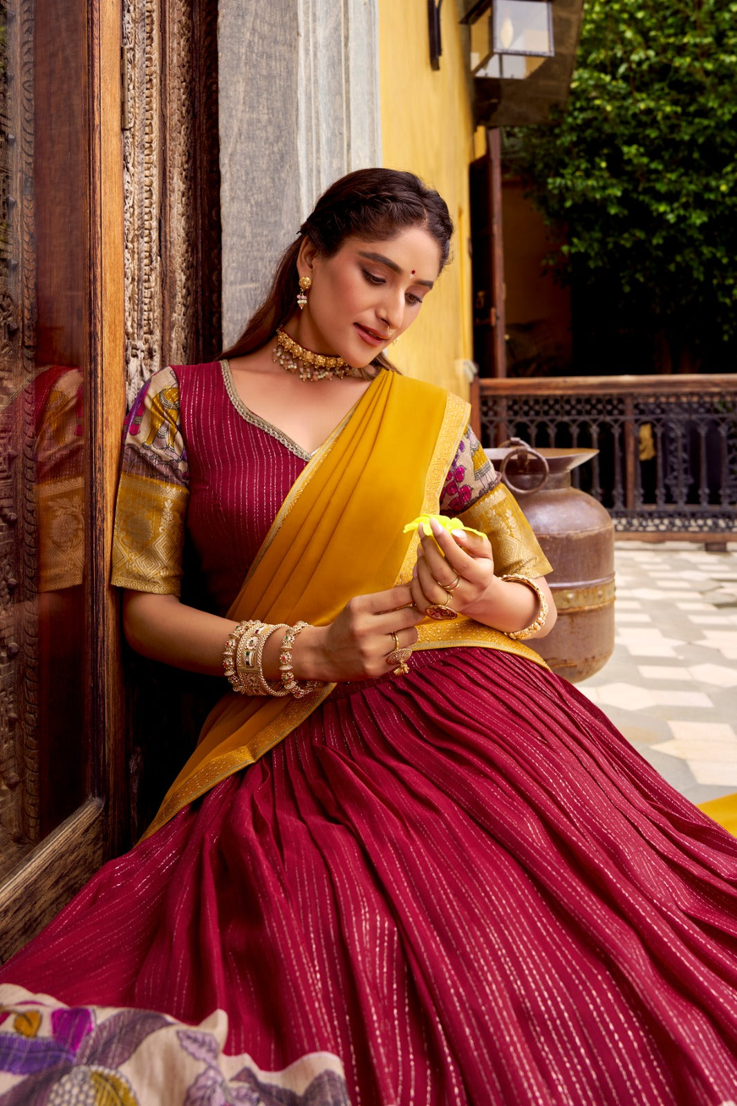 Womenline Red Color Poly Chanderi Half Saree