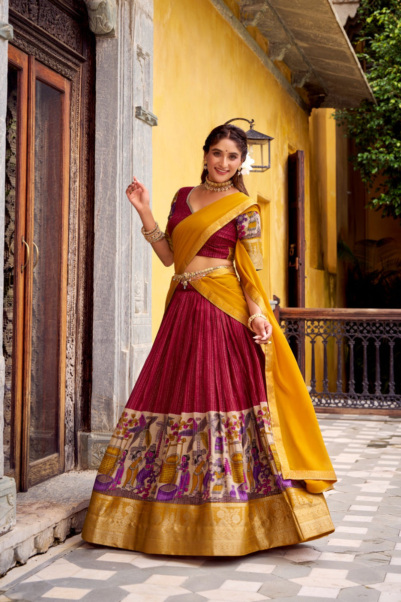 Womenline Red Color Poly Chanderi Half Saree