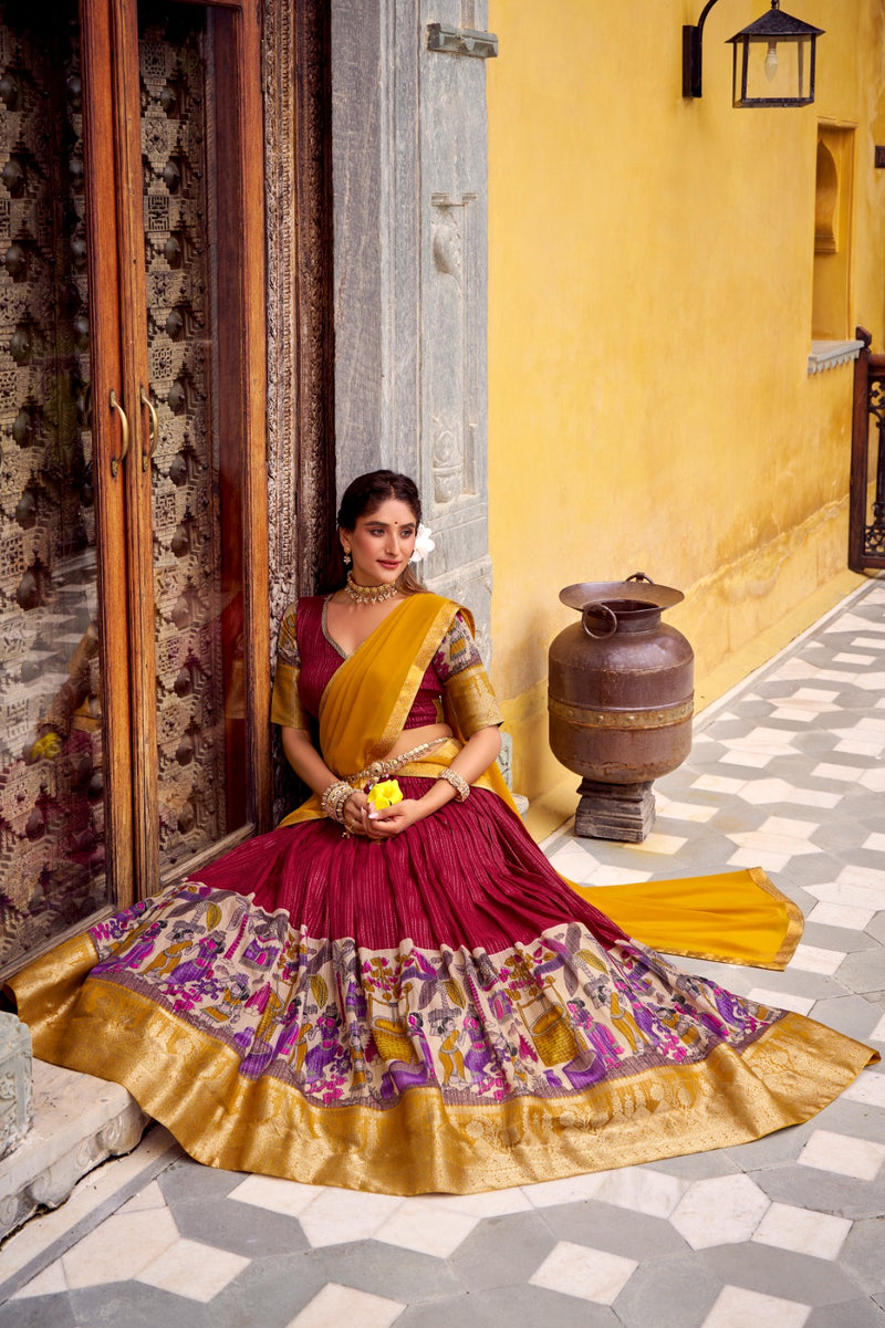 Womenline Red Color Poly Chanderi Half Saree