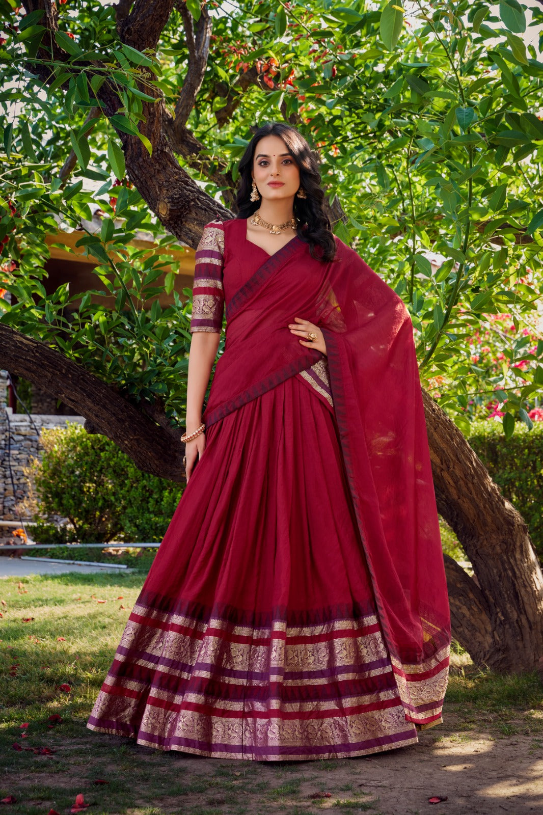 Womenline Red Color Pure Chanderi Plain Half Saree