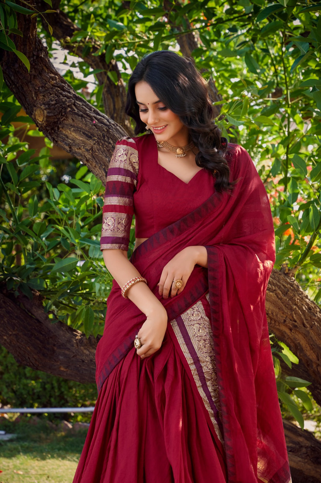 Womenline Red Color Pure Chanderi Plain Half Saree