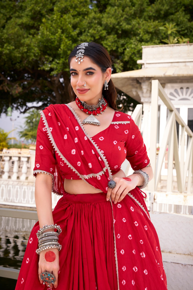 Womenline Red Color Pure Chanderi Plain Navratri Lehenga choli