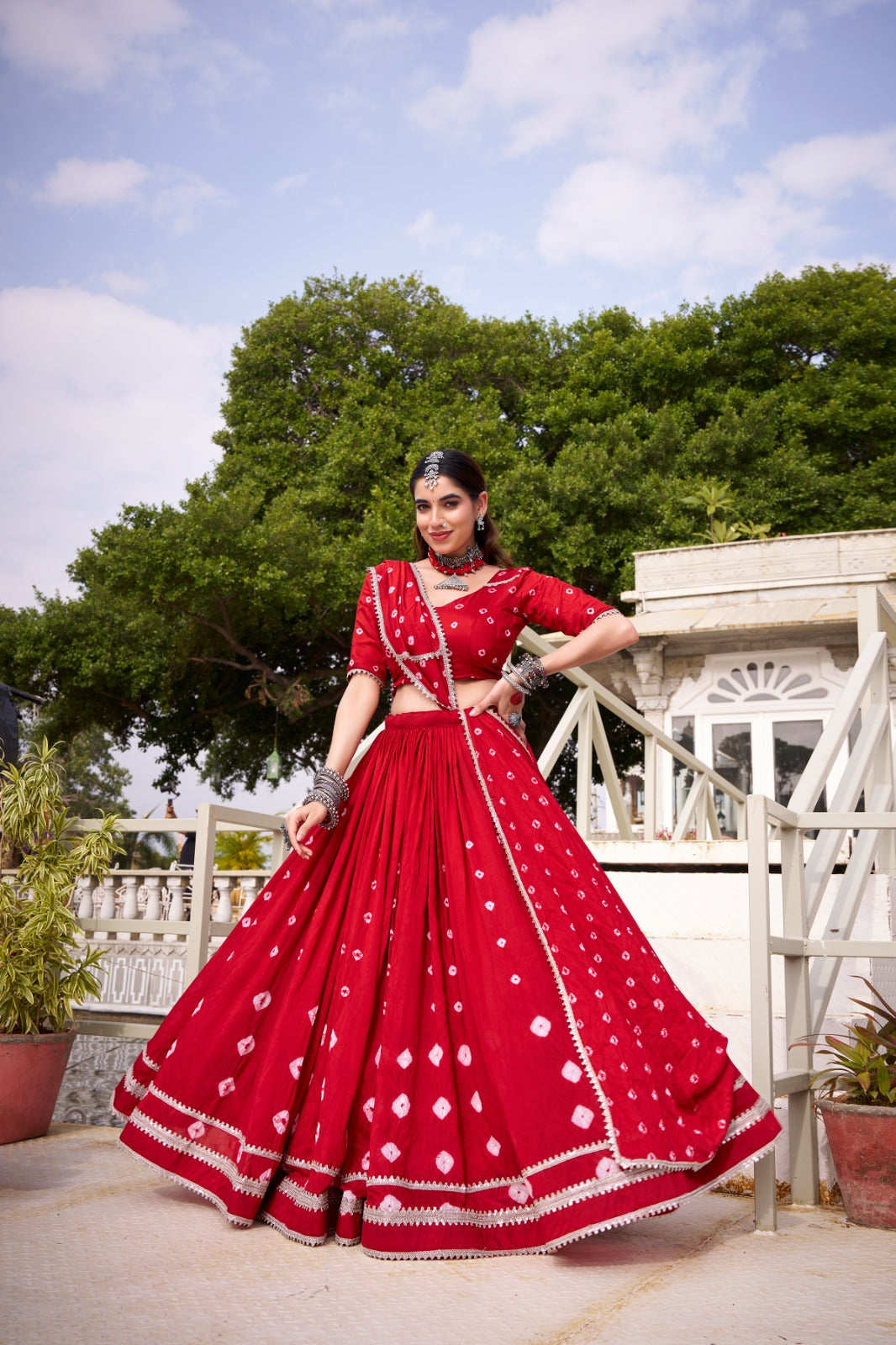 Womenline Red Color Pure Chanderi Plain Navratri Lehenga choli