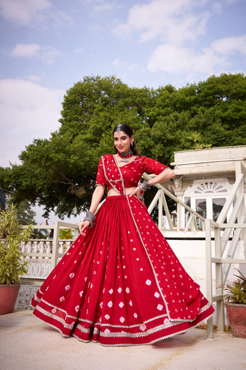 Womenline Red Color Pure Chanderi Plain Navratri Lehenga choli