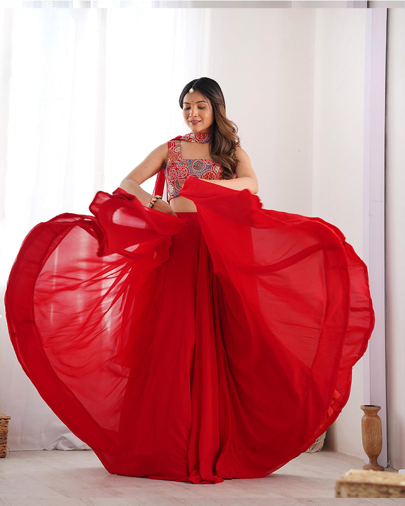 Womenline Red Color Pure Soft Georgette Lehenga Choli