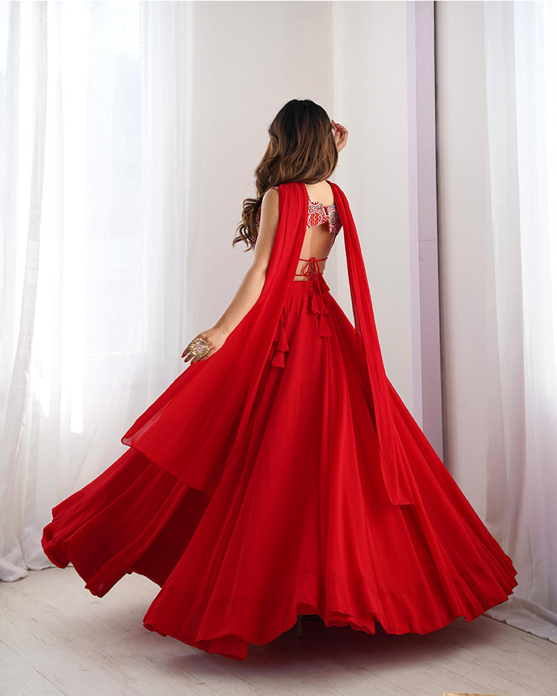 Womenline Red Color Pure Soft Georgette Lehenga Choli