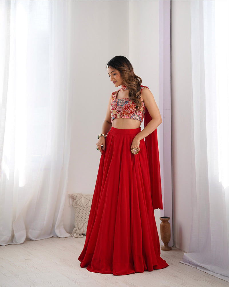 Womenline Red Color Pure Soft Georgette Lehenga Choli