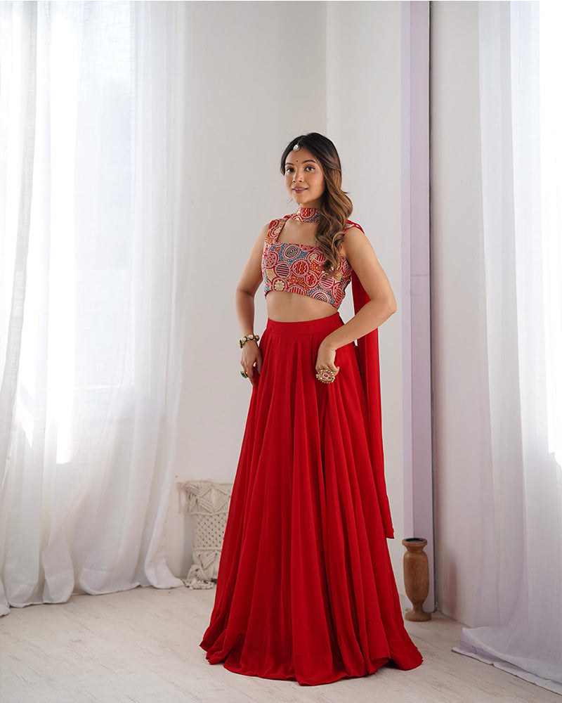 Womenline Red Color Pure Soft Georgette Lehenga Choli