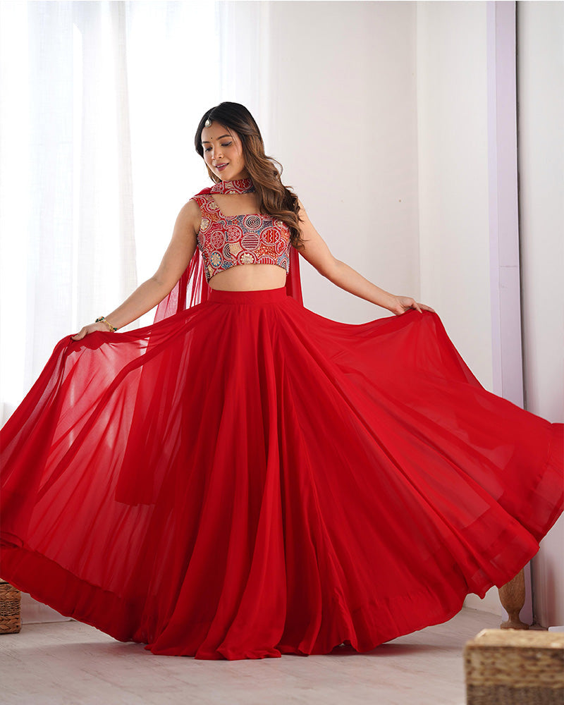 Womenline Red Color Pure Soft Georgette Lehenga Choli