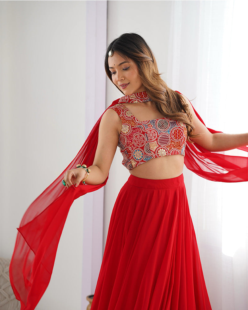 Womenline Red Color Pure Soft Georgette Lehenga Choli