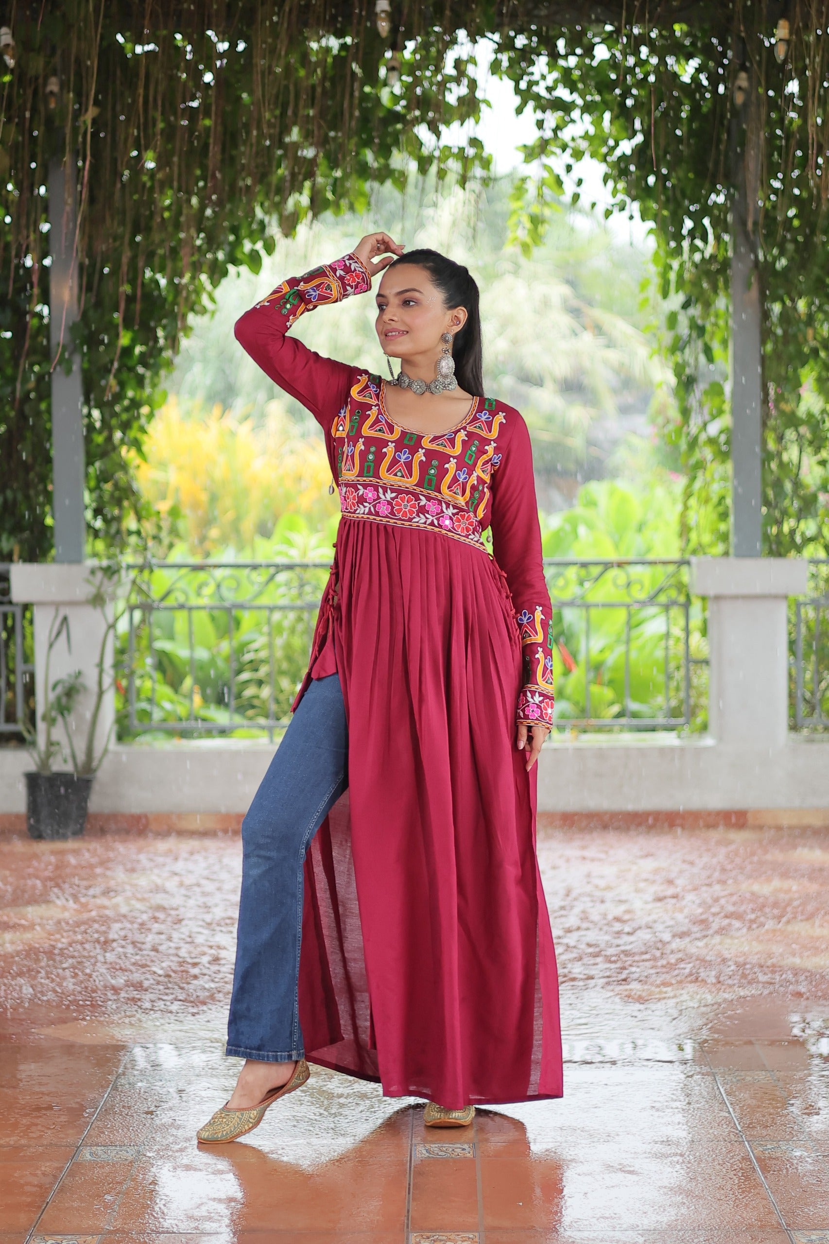 Womenline Red Color Reyon Navratri kurti