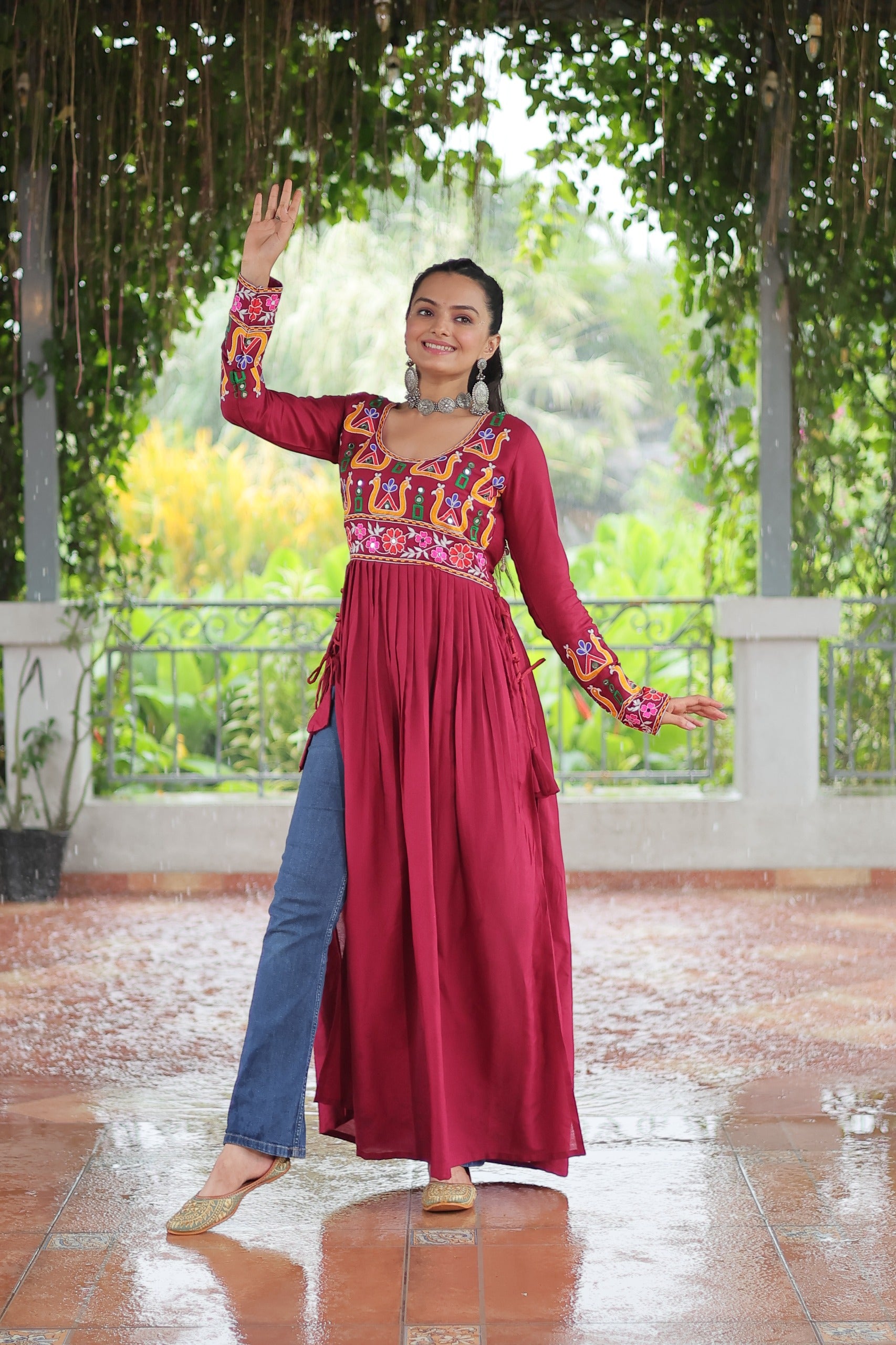 Womenline Red Color Reyon Navratri kurti