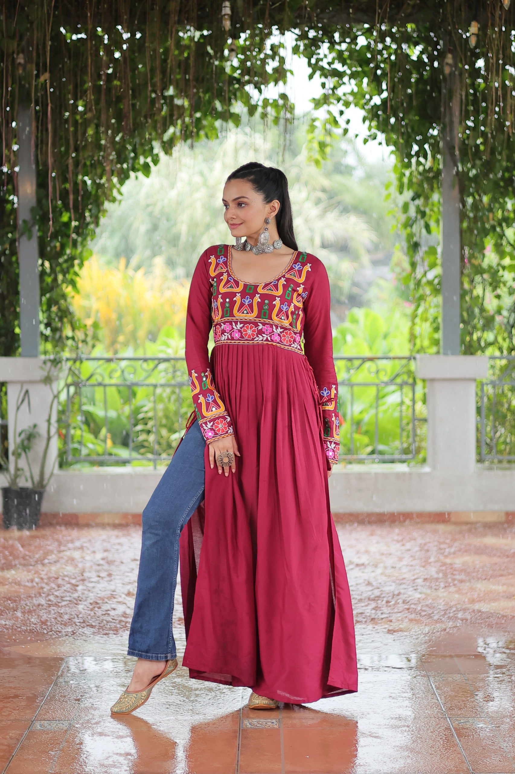 Womenline Red Color Reyon Navratri kurti