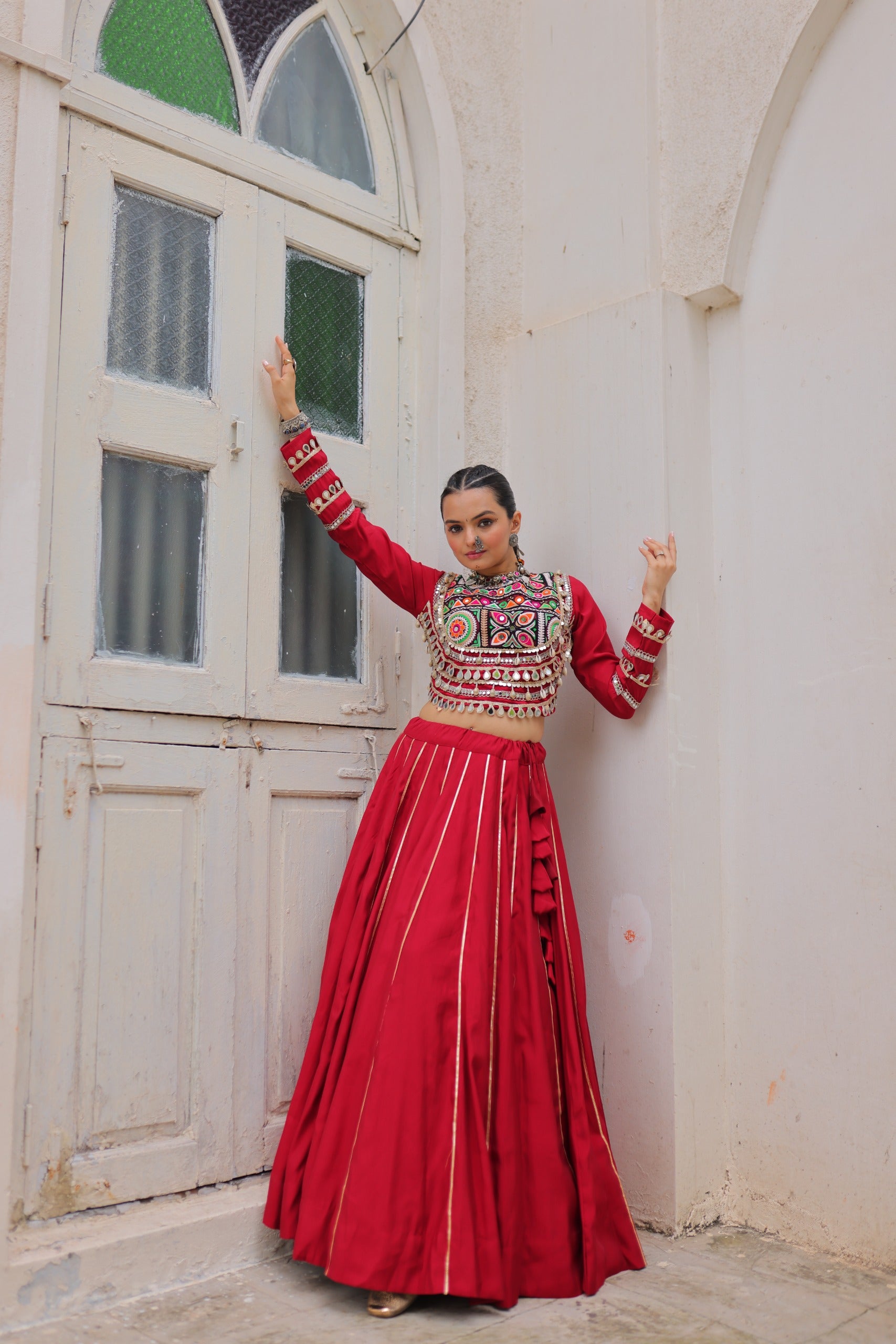 Womenline Red Color Roman Attractive Gota Patti Navratri Lehenga Choli