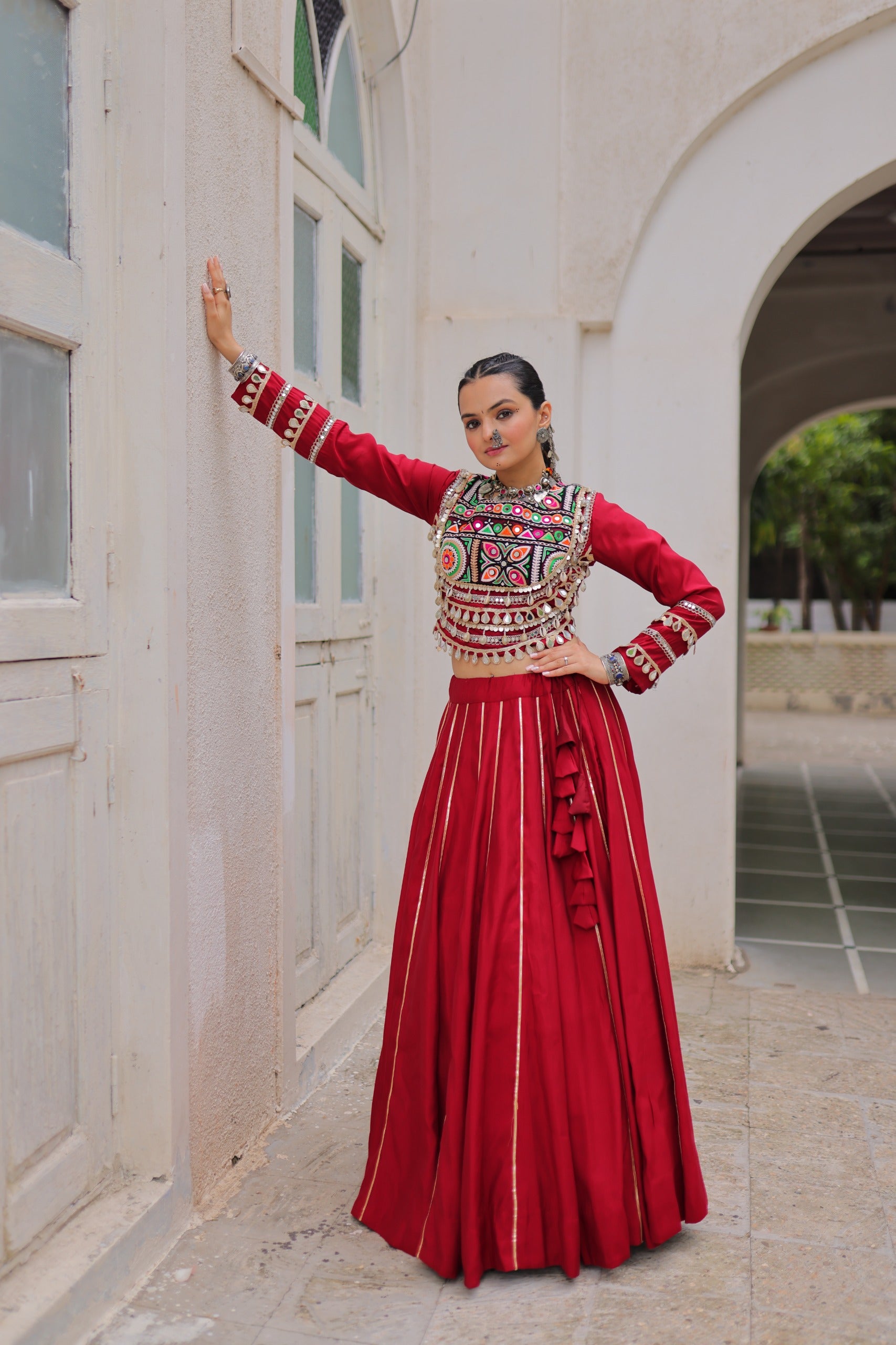 Womenline Red Color Roman Attractive Gota Patti Navratri Lehenga Choli