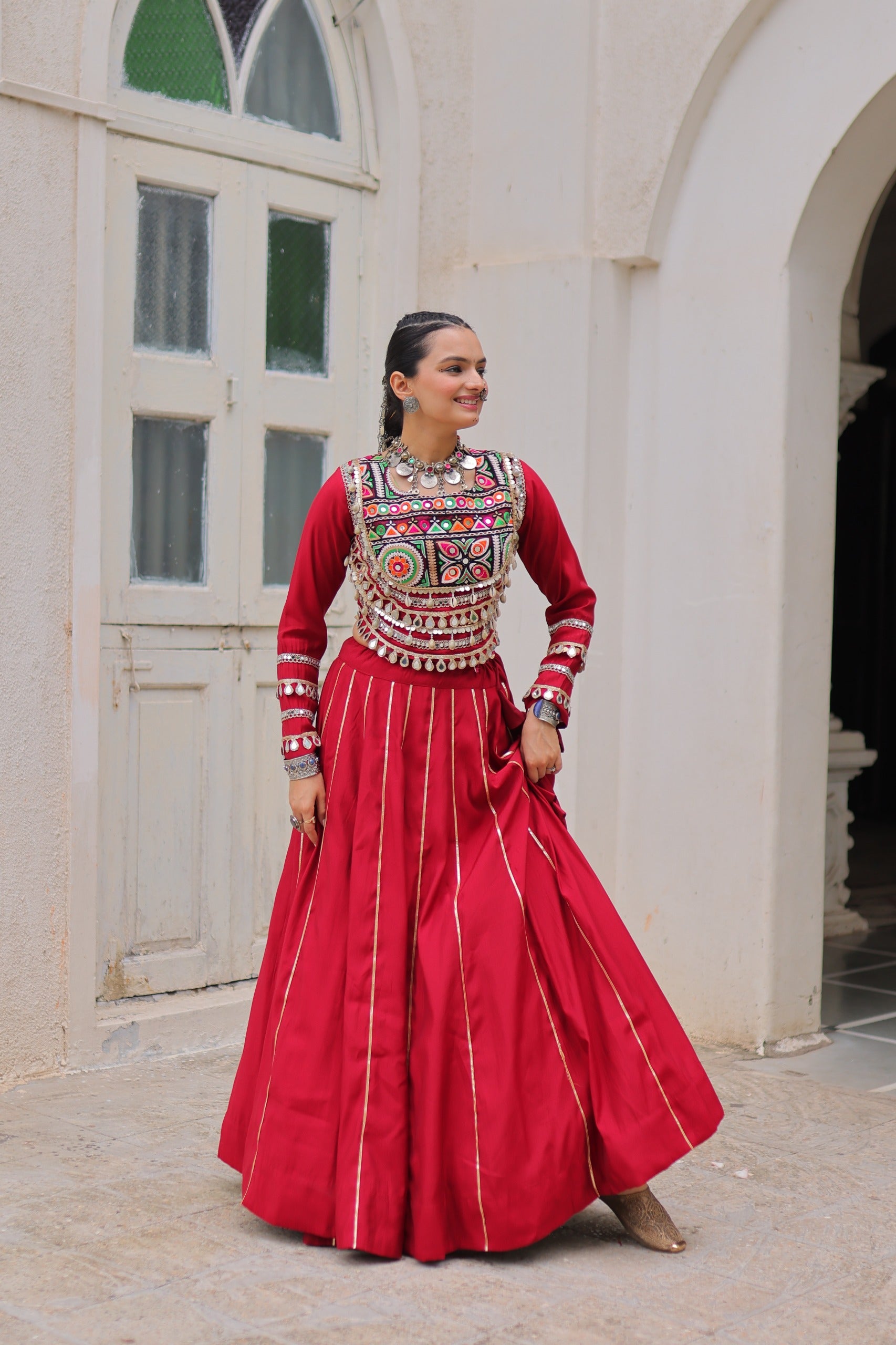 Womenline Red Color Roman Attractive Gota Patti Navratri Lehenga Choli
