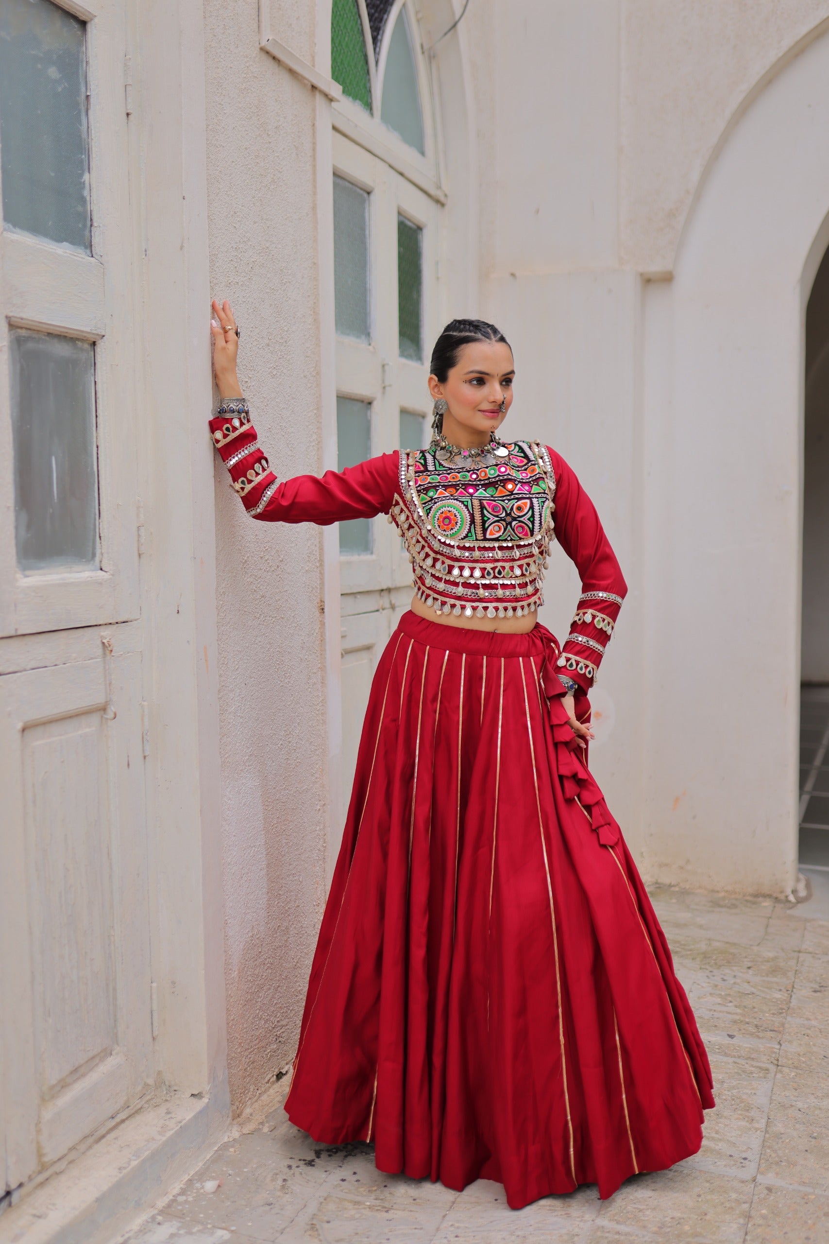 Womenline Red Color Roman Attractive Gota Patti Navratri Lehenga Choli