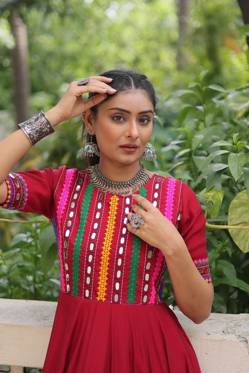 Womenline Red Color Roman With Mirror Work Navratri Gown