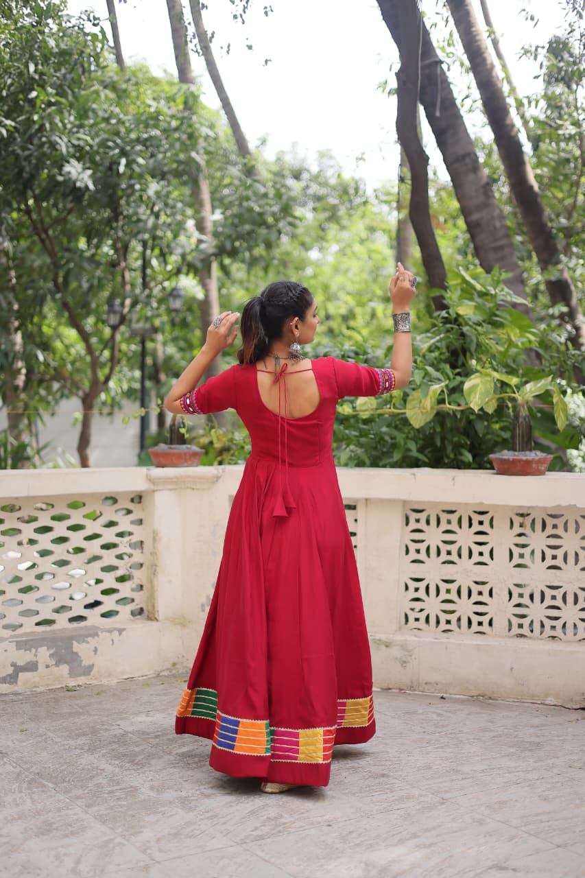 Womenline Red Color Roman With Mirror Work Navratri Gown