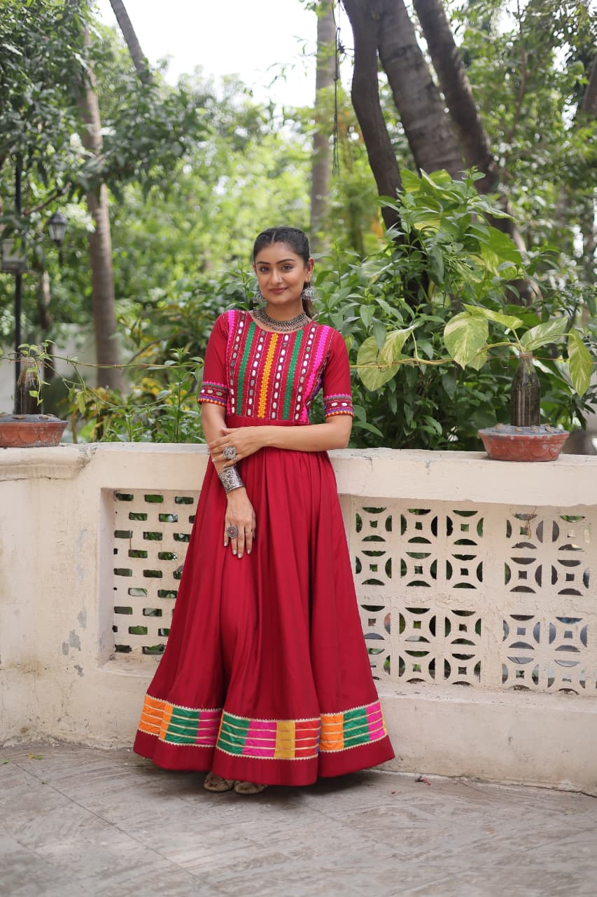 Womenline Red Color Roman With Mirror Work Navratri Gown